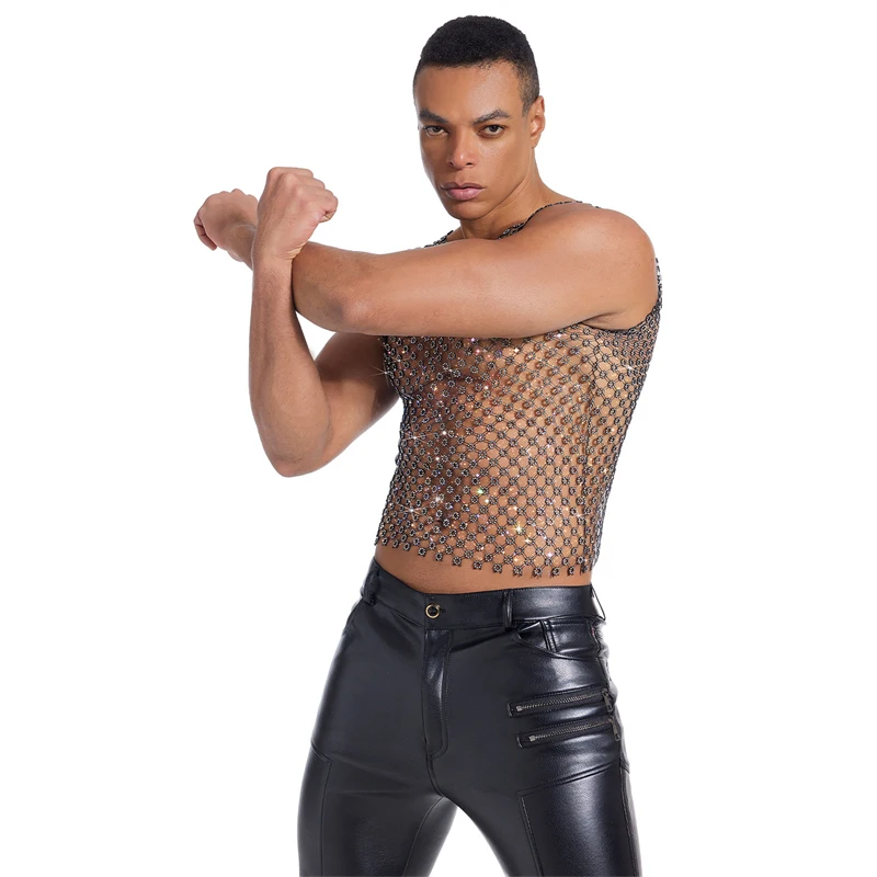 Herren Strass-Netz-Tanktop Schwarz Kristall-Mesh Ärmelloses Transparentes Crop-Top Nachtclub Party Festival Rave Weste футболка+женская – Detail 4