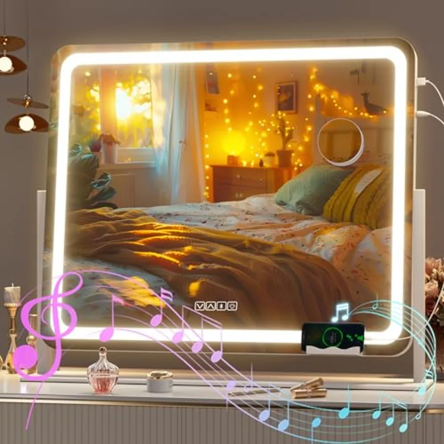 

Vanity Mirror with Lights and Bluetooth Speaker 23.6" x 19.7" LED Makeup Mirror Light up Mirror with 10X Magnification USB Char