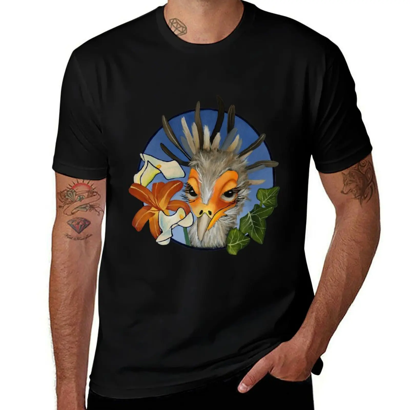 Secretary bird, tiger lily, calla lilies and leaves T-Shirt men t shirt cotton 100% T-Shirt