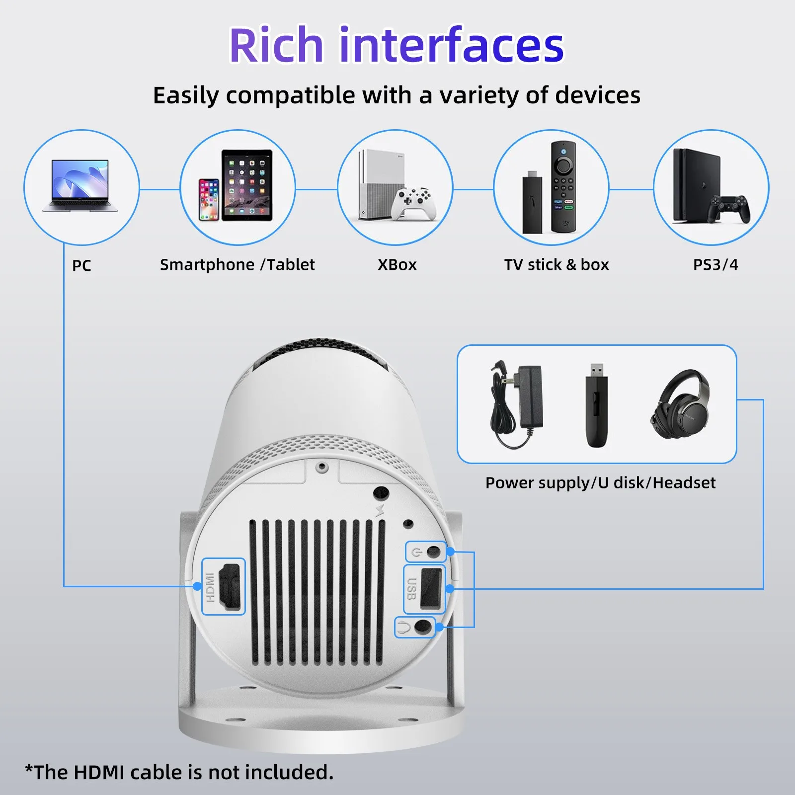 Ultra HD FY300 4K1280*720 HDMI Glass Lens Intelligent Portable Home Projector Home Theater Business Teaching.