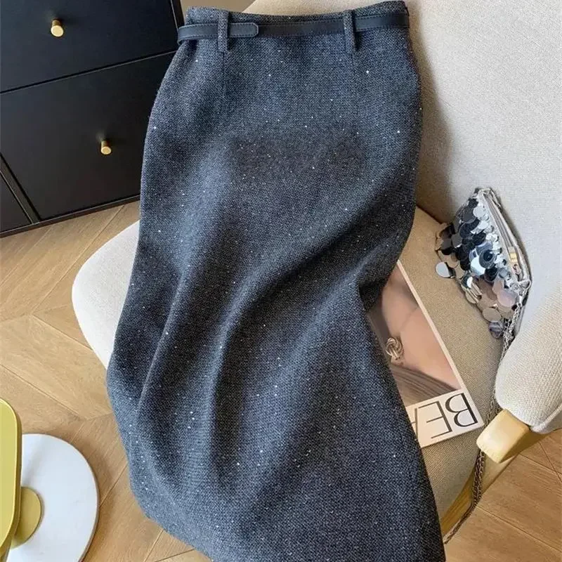 ใหม่หรูหราเลื่อมกระโปรงผู้หญิงฤดูใบไม้ผลิฤดูใบไม้ร่วงElegant HighเอวSlimแยกOffice Lady WoolenกระโปรงMidi Faldasเสื้อผ้า