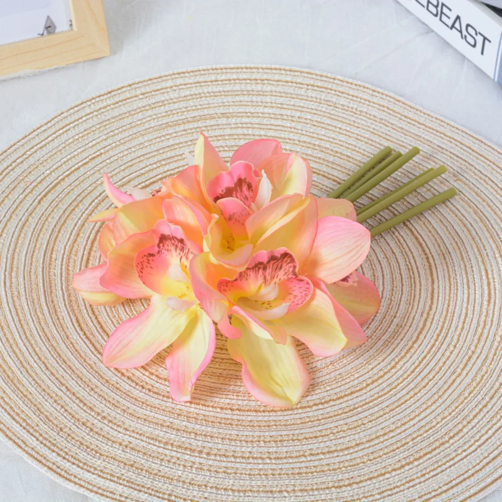 

6 Heads Artificial Large Orchid Bouquet Real Touch Handmade Artificial Cymbidium Flowers Elegant Realistic Magnolia Branch