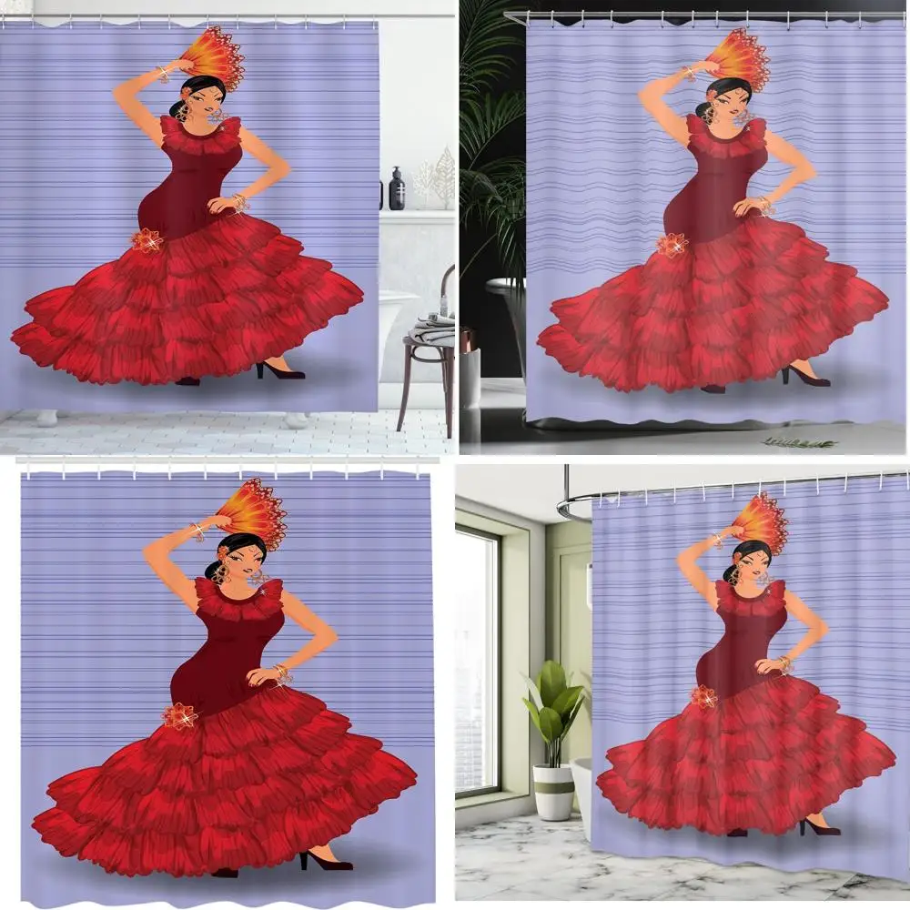 

Занавеска для душа этнической танцовщицы: мультяшная леди с веером, традиционным нарядом и крючком для декора ванной комнаты.