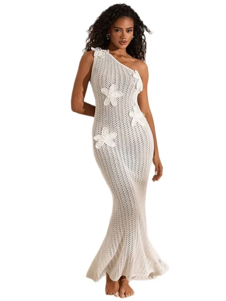 Robe de plage en tricot pour femmes, Sexy, ajourée, asymétrique épaule dénudée, sans manches, Cover-Up pour Bikini, robe de vacances, été, 2026