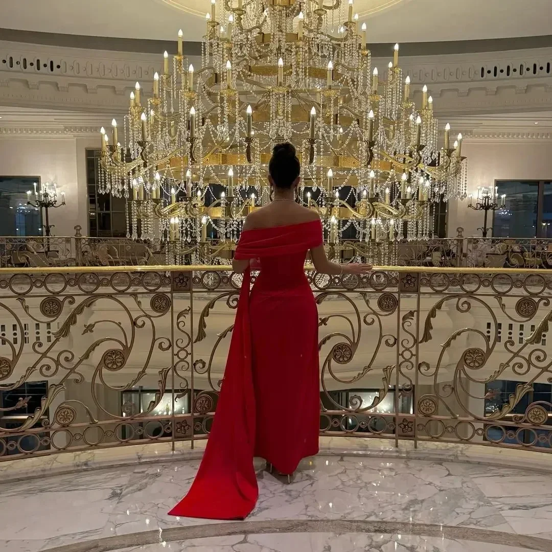 

Evening Dress Elegant A-Line Red Long Prom Dress Pleated Off The Shoulder High Side Slit Party Dress Gowns Saudi Arabia