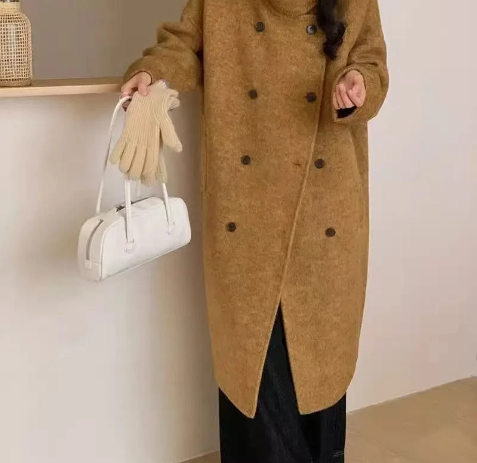 Modischer doppelseitiger Kaschmirmantel für Damen im Herbst und Winter, neuer langer Wollmantel im Hepburn-Stil