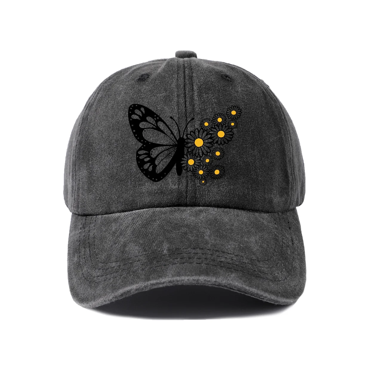 Floral Butterfly Silhouette Graphic Baseball Cap, Vintage Washed Adjustable Unisex Dad Hat, Casual Gift