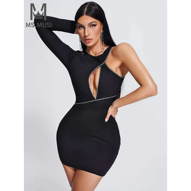 

MSMUSI 2024 New Fashion Women Sexy Black One Shoulder Crystal Long Sleeve Hollow Out Bandage Party Club Bodycon Event Mini Dress