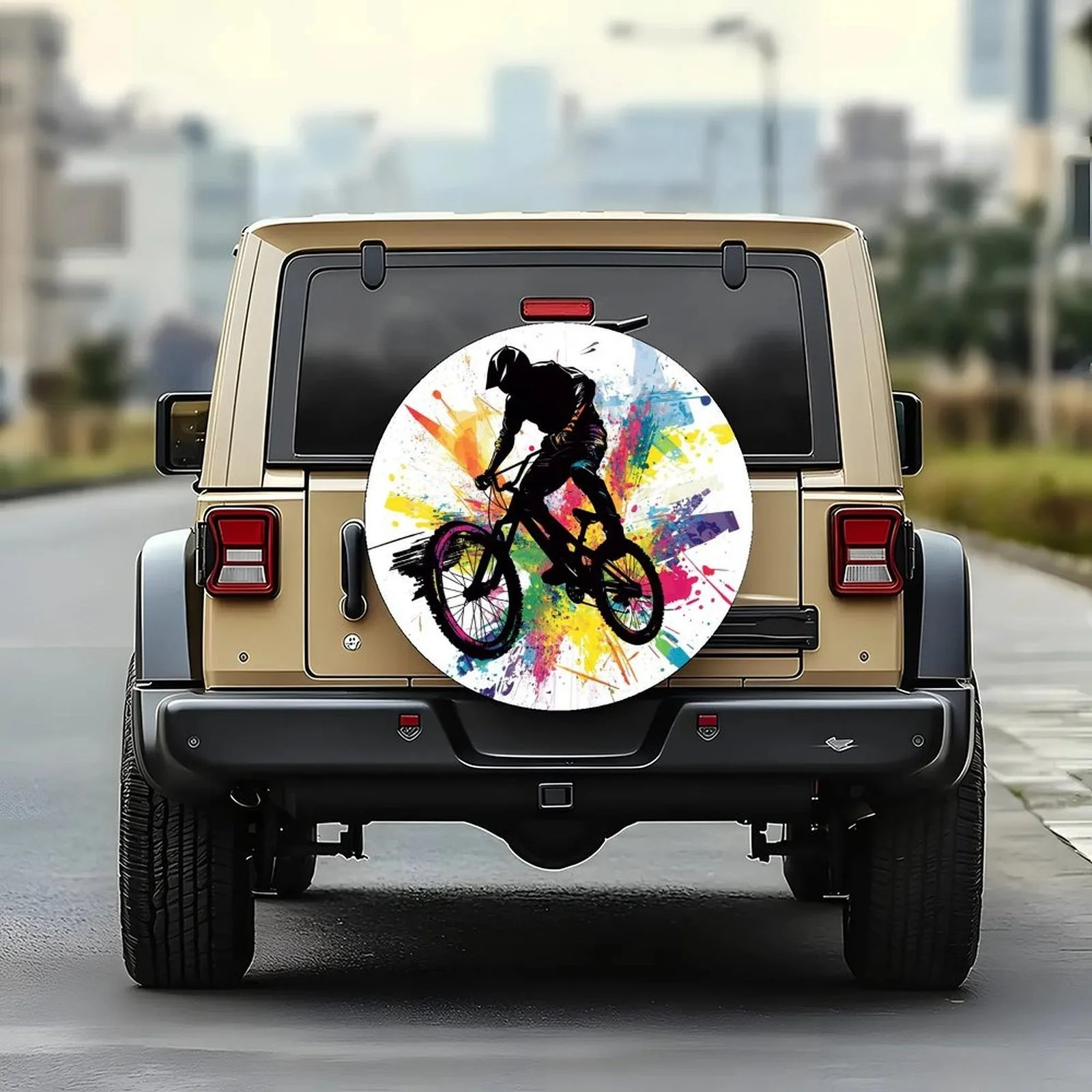 1pc Bike Rider Splash Themed Tire Cover Wheel Cover - Vibrant Colorful Design, Durable Polyester, Fits Most Cars & Bikes, Protec