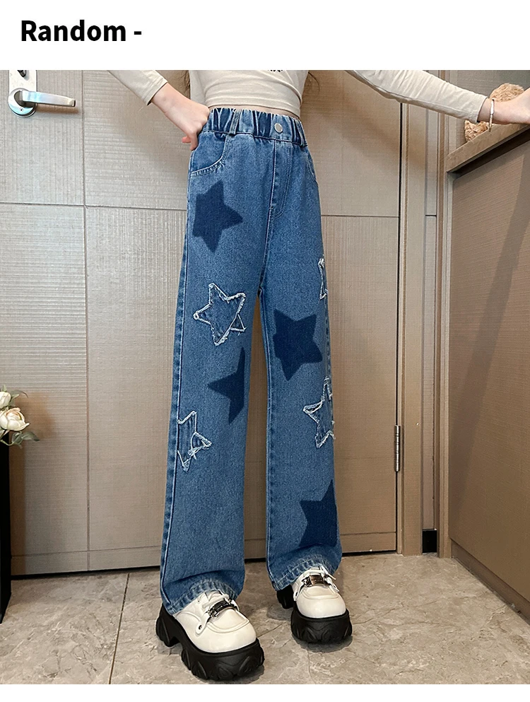 Stylische Streetwear-Jeans für Kinder mit geradem Schnitt und Sternen, modische Kleidung, Hip-Hop-Retro-Jeanshosen für Mädchen, luxuriöse Kinderhosen – Detail 5