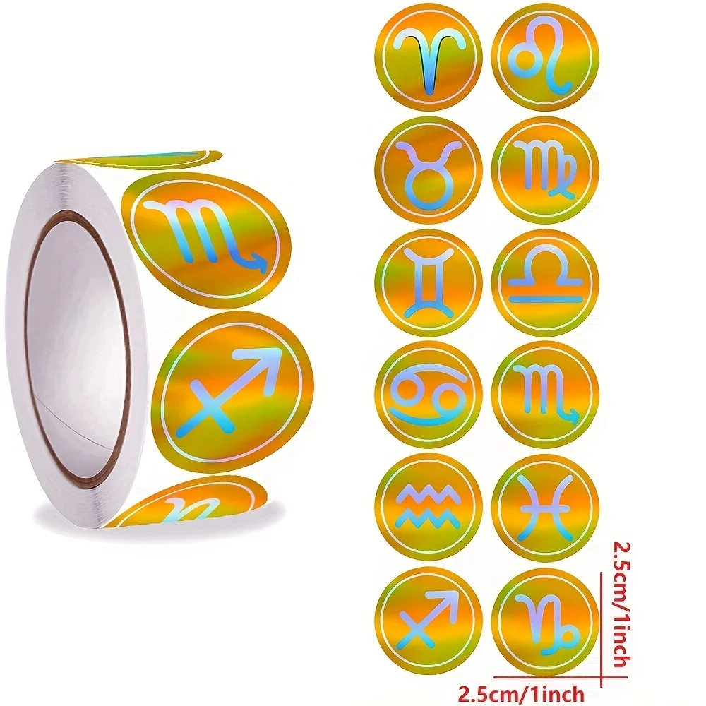 1000 Stickers/5 Rolls, 1 Inch, Office Stickers, Zodiac Theme, Holographic Laser Stickers, Self-Adhesive Waterproof, Suitable for