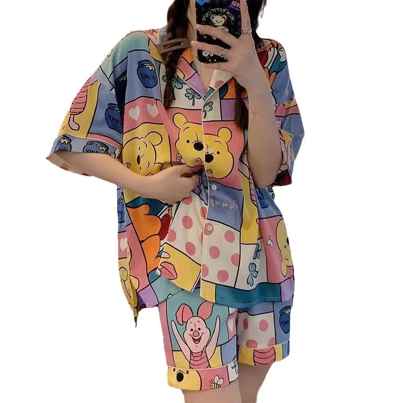 Bear print cartoon Casual pajamas women summer ice silk short-sleeved trousers thin summer silk home service suit Princess