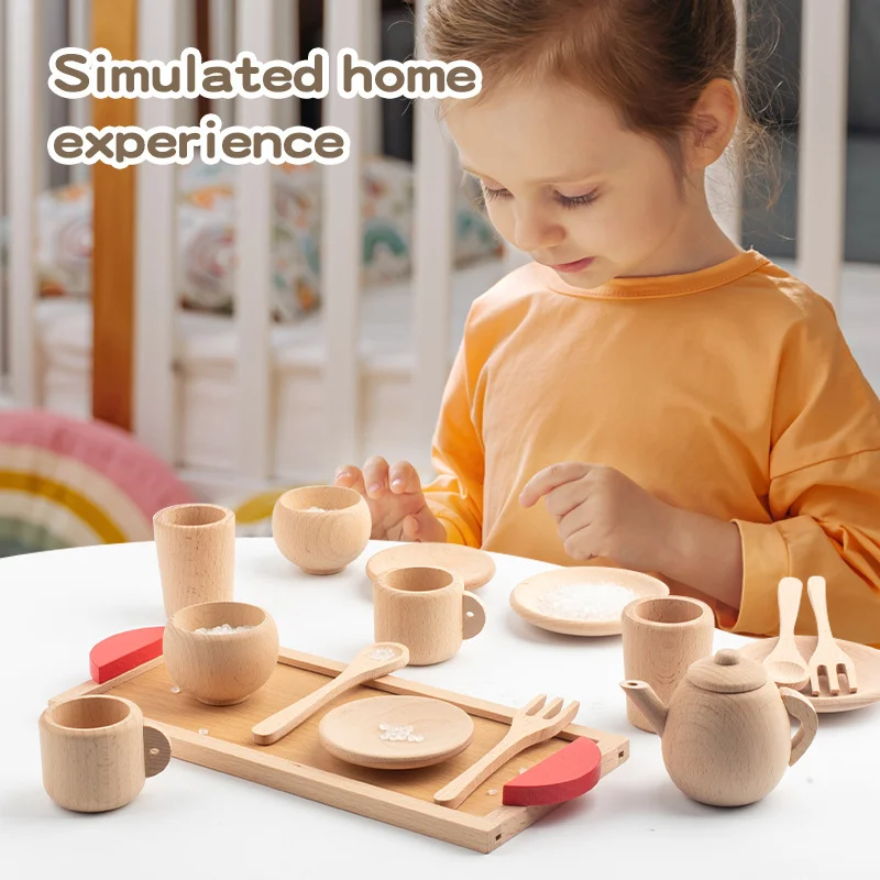 

Wooden Afternoon Tea Utensil Set Toy Pretend Play Kids Kitchen Toy Imitation Game Early Educational Toys for Children's Day Gift