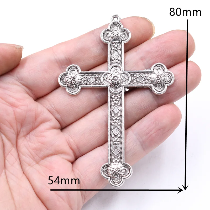 4pcs Silver Plated Large Christian Flower Cross Vintage Necklace Metal Accessories DIY Charm Jewelry Crafts Making 80*54mm P1889