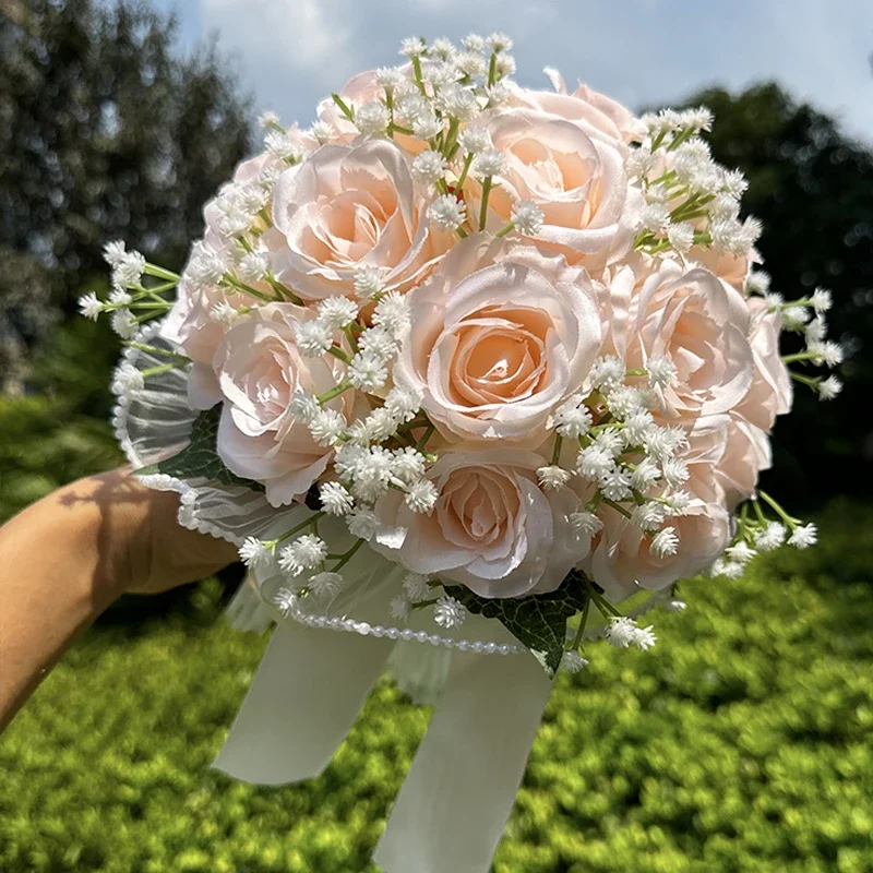 Ramos de boda para novia, ramo de rosas artificiales de seda para novia, ramo de flores de encaje con perlas para decoración del Día de San Valentín