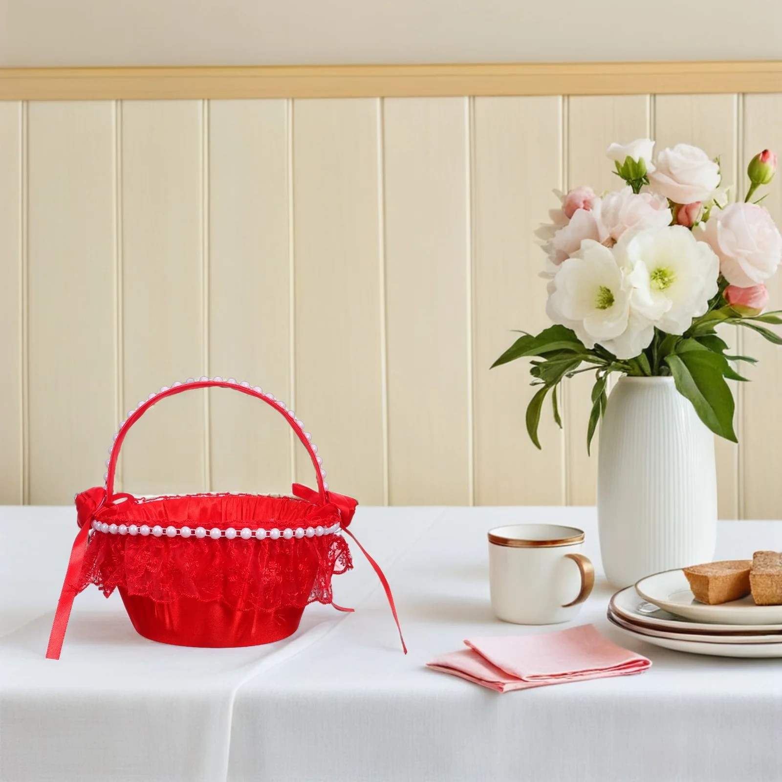 

Red Wedding Flower Basket Lace Artificial Pearl Handle Romantic Wedding Ceremony Storage Basket Floral Party Decoration