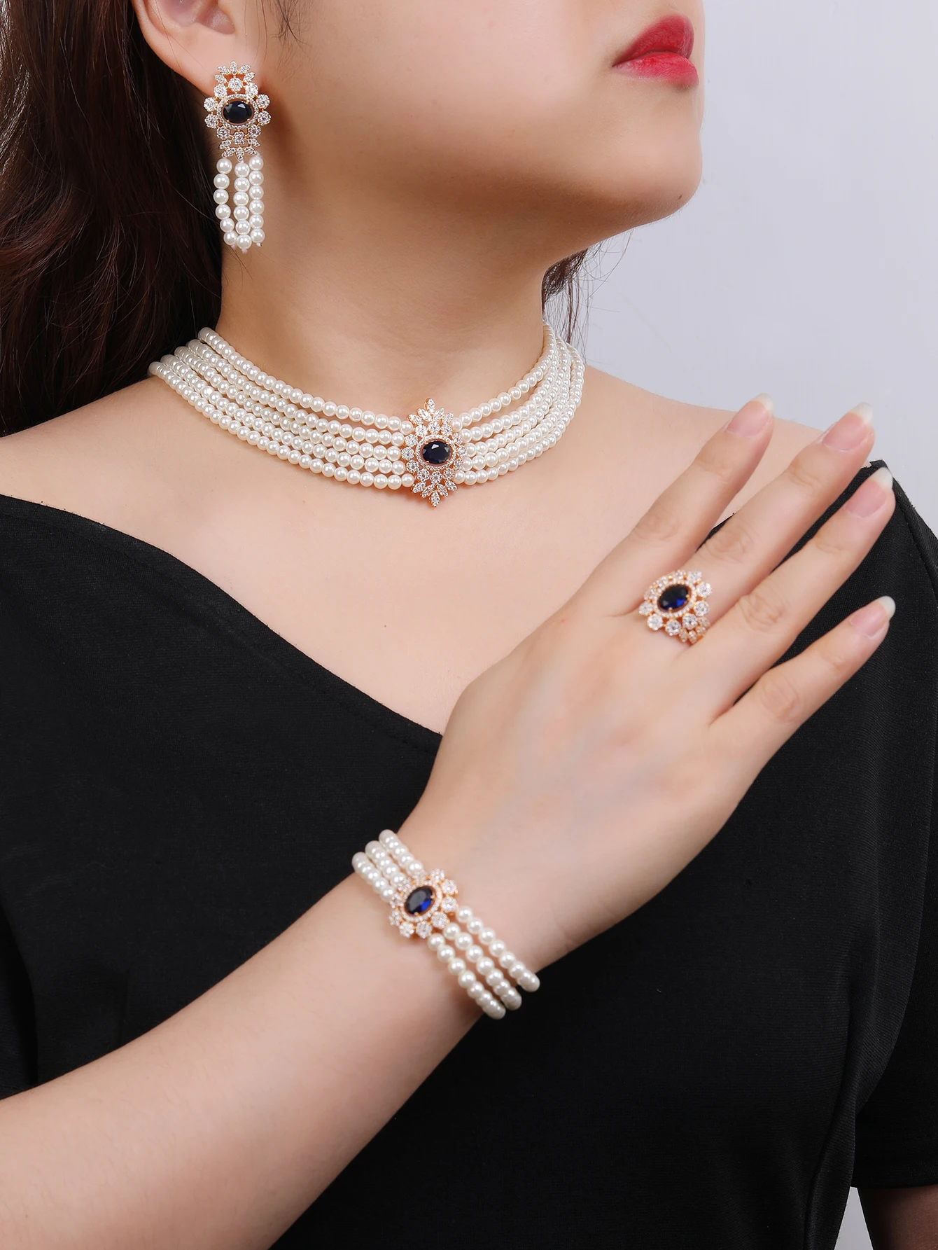 Korean Style Five Multilayer Pearl Choker Necklaces for Women Crystal Zircon Flowers Necklaces Weddings Bride Jewelry