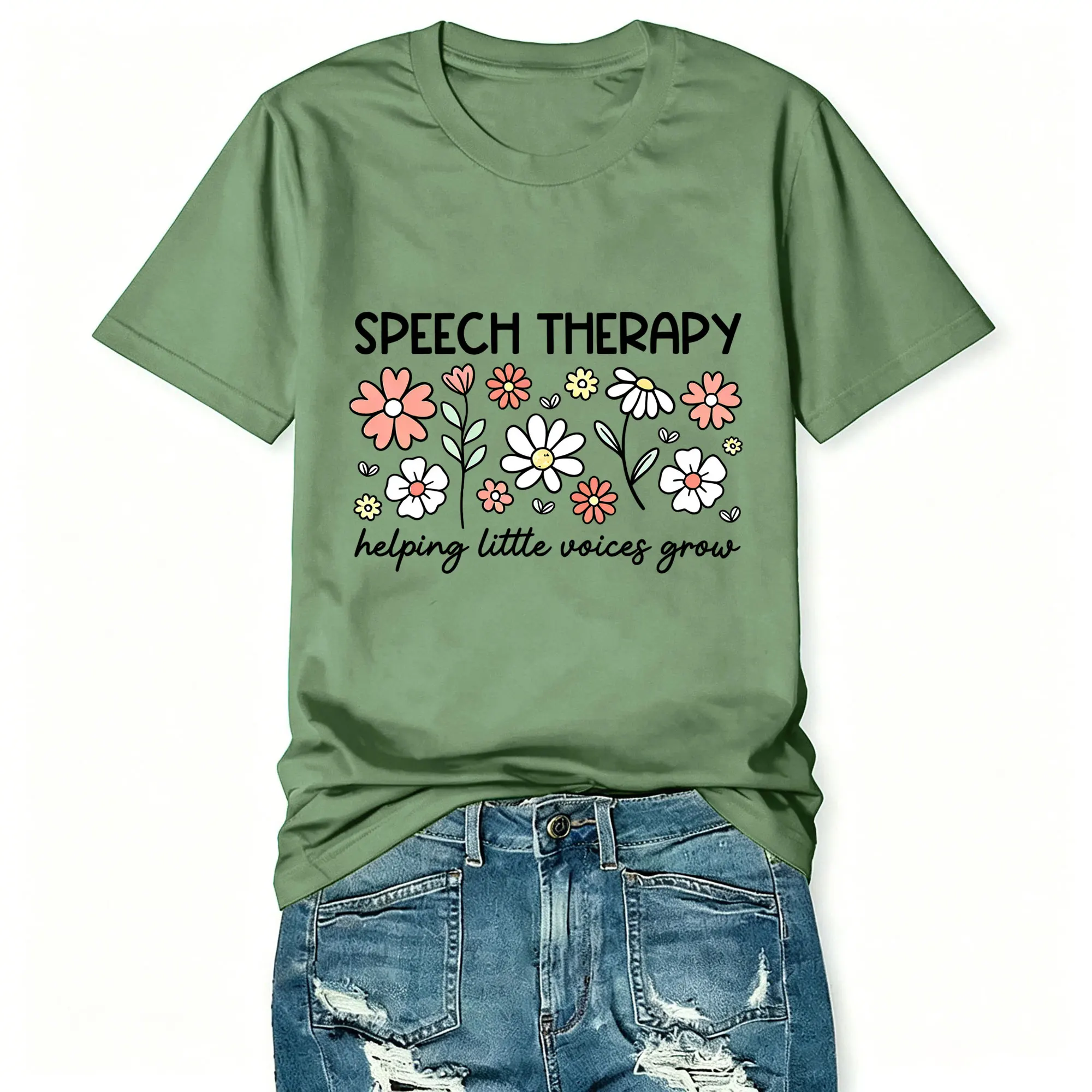 Speech Therapy Helping Little Voices Grow Floral Print T‑Shirt Casual Short Sleeve Cotton Tops Gift for Pathologist Therapist