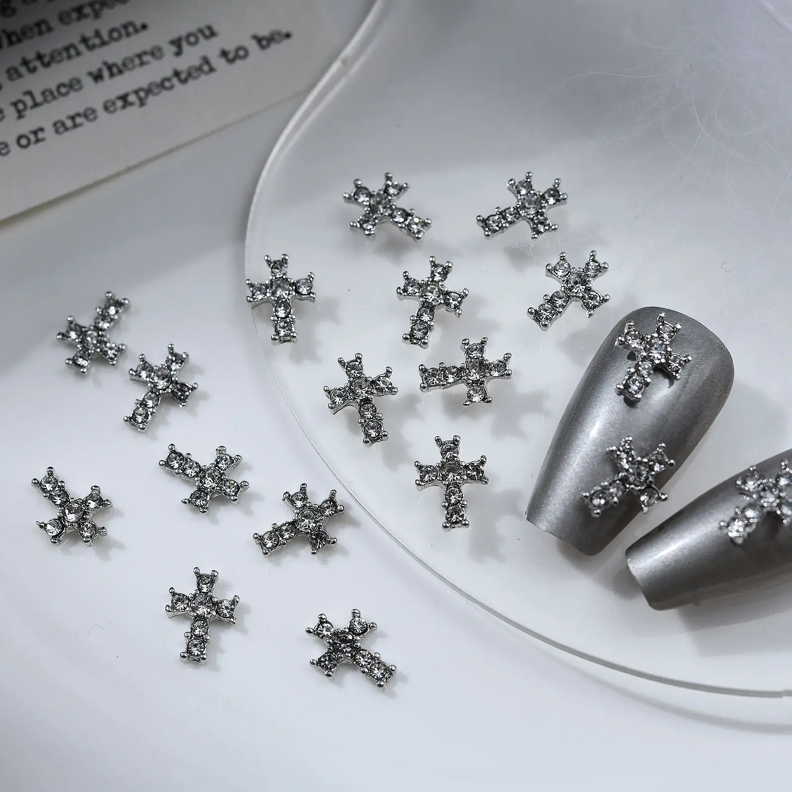 10Pcs Dark Series Cross Nail Charm Luxury Retro Silver Bottom Rhinestone Nail Art Decoration 3D Punk Cross Manicure DIY Supplies