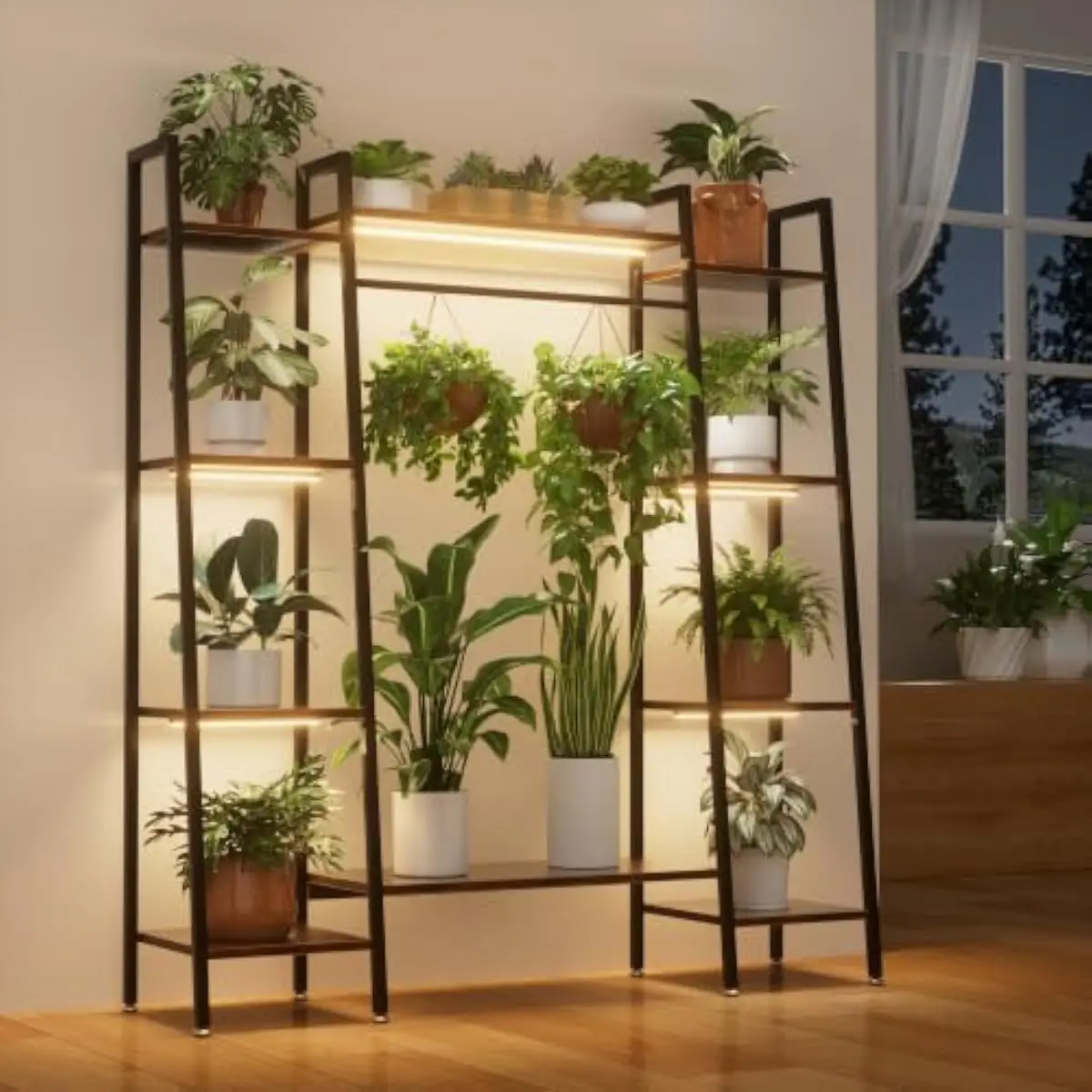 6-Tier Indoor Plant Shelf with Triple Full-Spectrum Grow Lights • 55 Inch Tall Black Standing Rack • Engineered Wood & Iron Cons