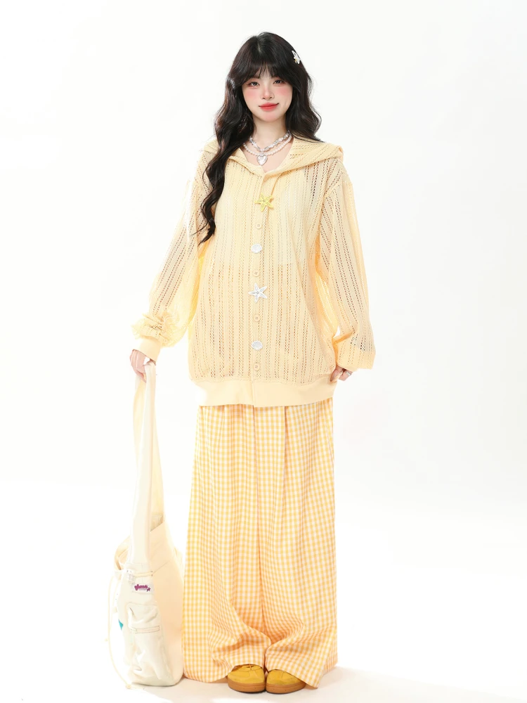 

Женский летний кардиган ENJOG с пуговицами, ажурный, свободного кроя, с защитой от солнца, длинный рукав, вязаный свитер с капюшоном