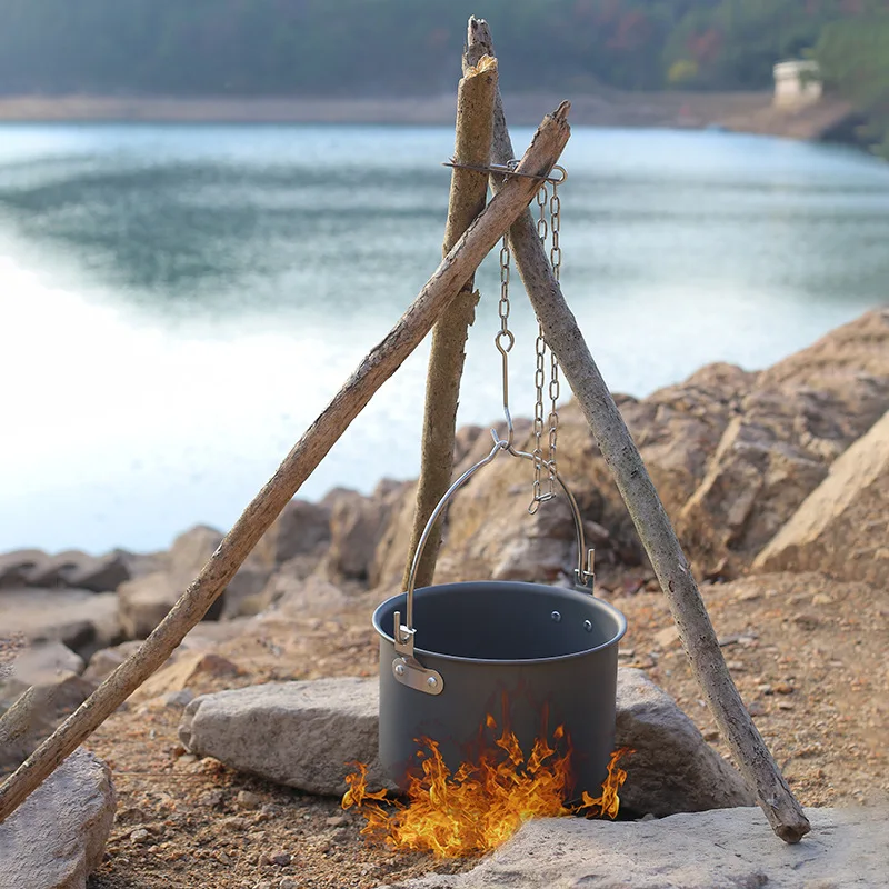 Aço inoxidável acampamento ao ar livre simples portátil tripé suprimentos de acampamento pendurado pote piquenique churrasco suporte outing equipamentos