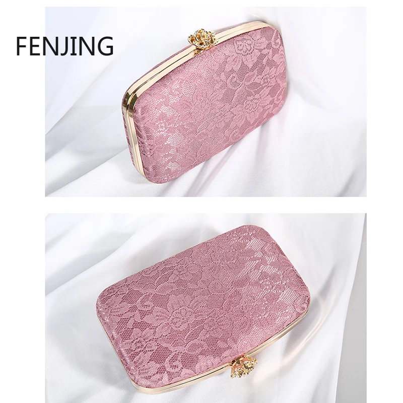 2023 Female Bag Pink Lace Evening Clutch Purse Handbags Luxury Designer Metal Rose Button Shoulder Bag Chain Bride Wallet Bolsas