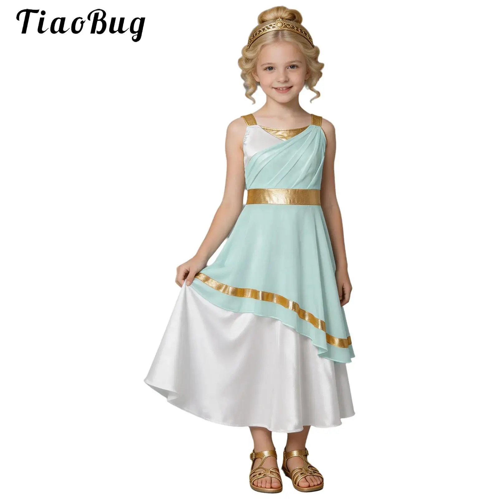 Kids Girls Halloween Ancient Greek Roman Athena Goddesses Costume Sleeveless Metallic Trim Greece Toga Robe Dress Worship Gown