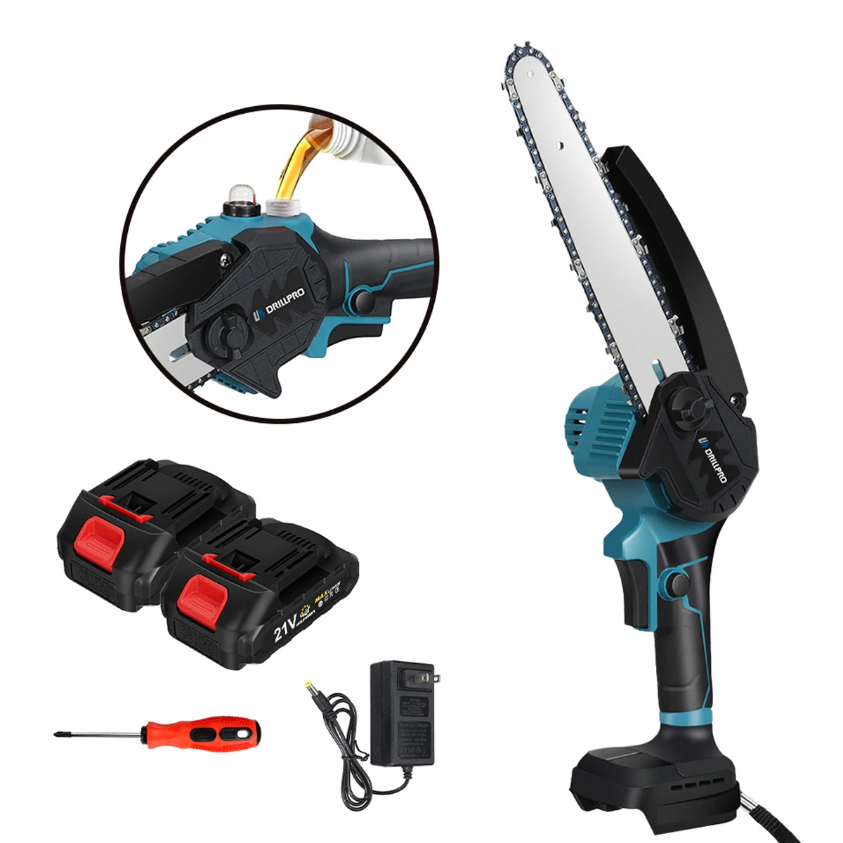 Drillpro 8 Inch Brushless Cordless Electric Chainsaw Rechargeable Woodworking Tools Orchard Branch Handheld For 18V Battery