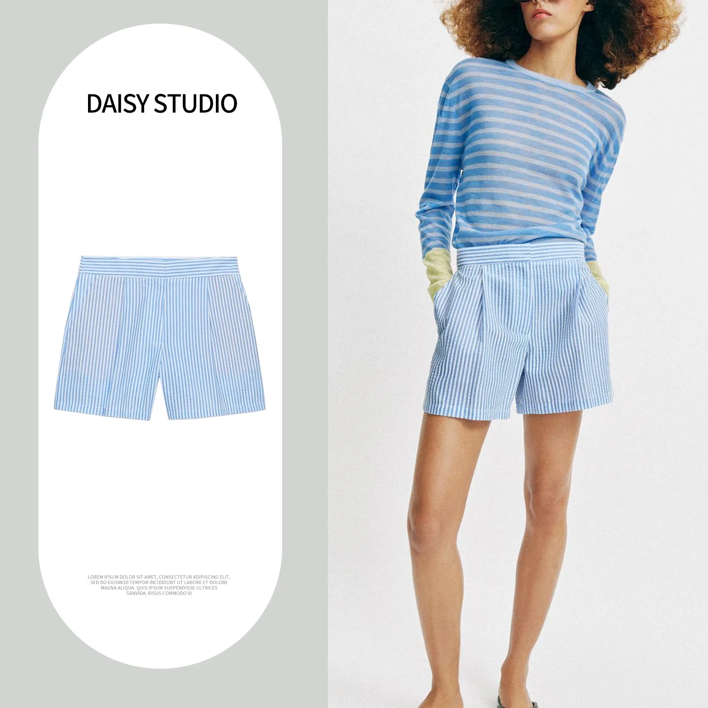 

High Waist Striped Casual Shorts Commuter Style New Summer Women's Fashion A-Line Pleated Polyester Fiber Straight Leg Pants