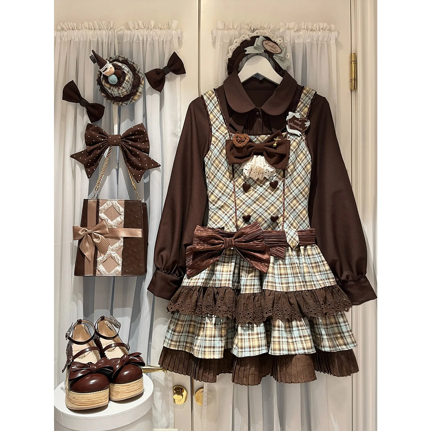 Abito da torta senza maniche al cioccolato menta carino e retrò Serie Lolita Set da due pezzi con mantello maglione autunno e inverno