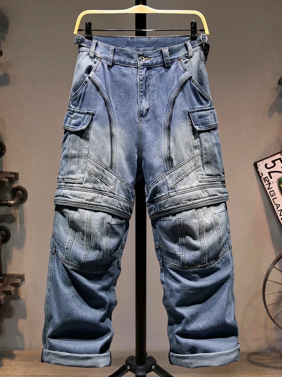 

Мужские джинсы с широкими штанинами и съемными элементами, в американском ретро-стиле, с пэчворком, свободные, прямые, для мотоциклистов, рабочие, длинные брюки