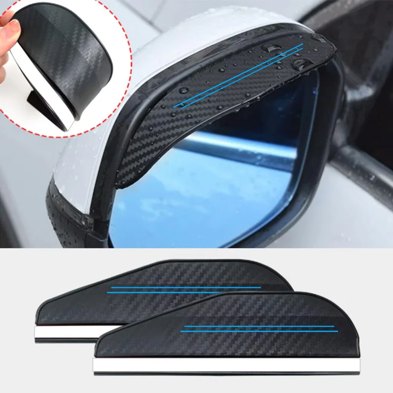 Car Rearview Mirror Carbon Fiber Pattern Rain Shield with 2 Blue Lines, Reflective Mirror Rain and Dust Protection Panel, Widened Modification Accessory