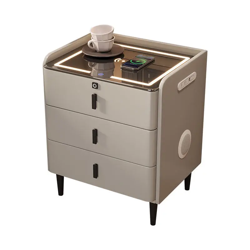 طاولة السرير الذكية اللاسلكية متعددة الوظائف شحن سمّاعات بلوتوث قفل بصمة الإصبع طاولة السرير الخشبية الصلبة