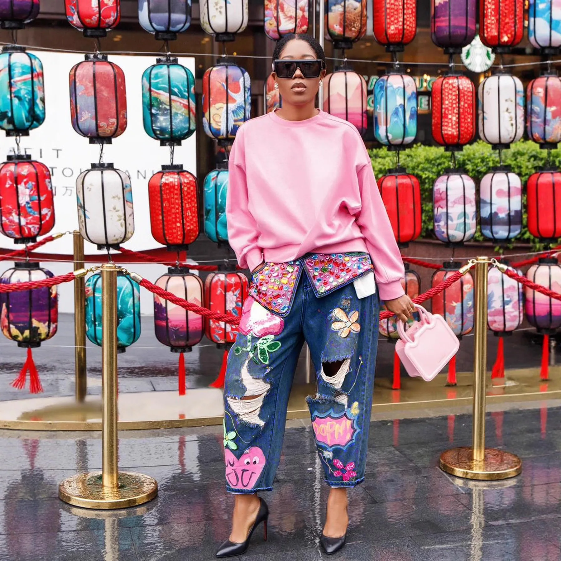 여성 가을 겨울 패션 라인스톤 프린트 찢어진 청바지 바지