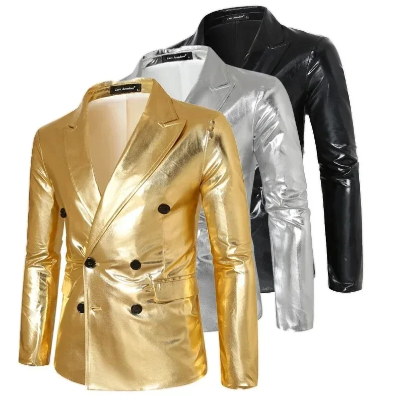 

Молодежный модный однотонный яркий костюм для мужчин 2025 года, золотистый, серебристый, черный, двубортный, повседневные бальзажи для сцены, европейский размер