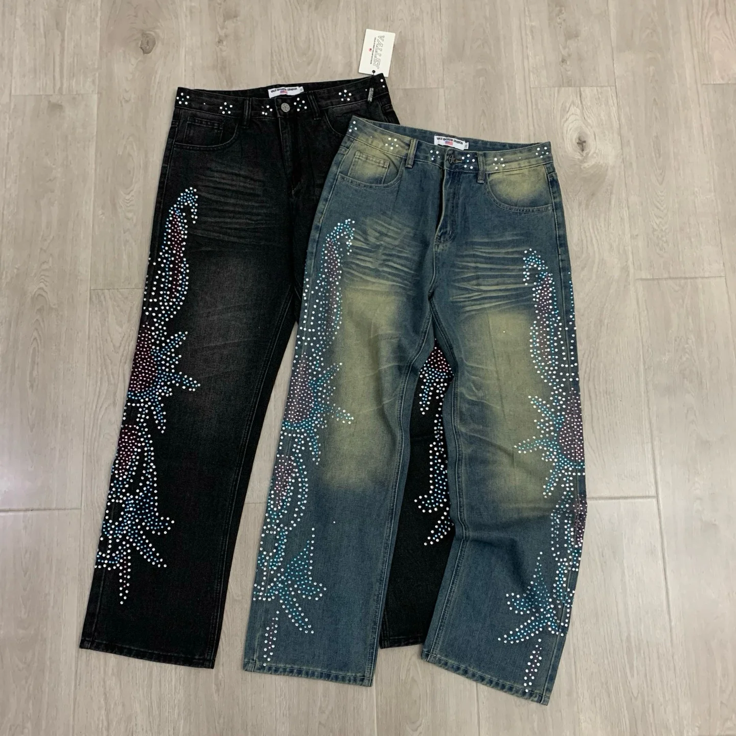 

Vale Forever American High Street Fashion Brand Rhinestone Straight Leg Jeans Teens Casual Wear All Seasons Comfort Fit
