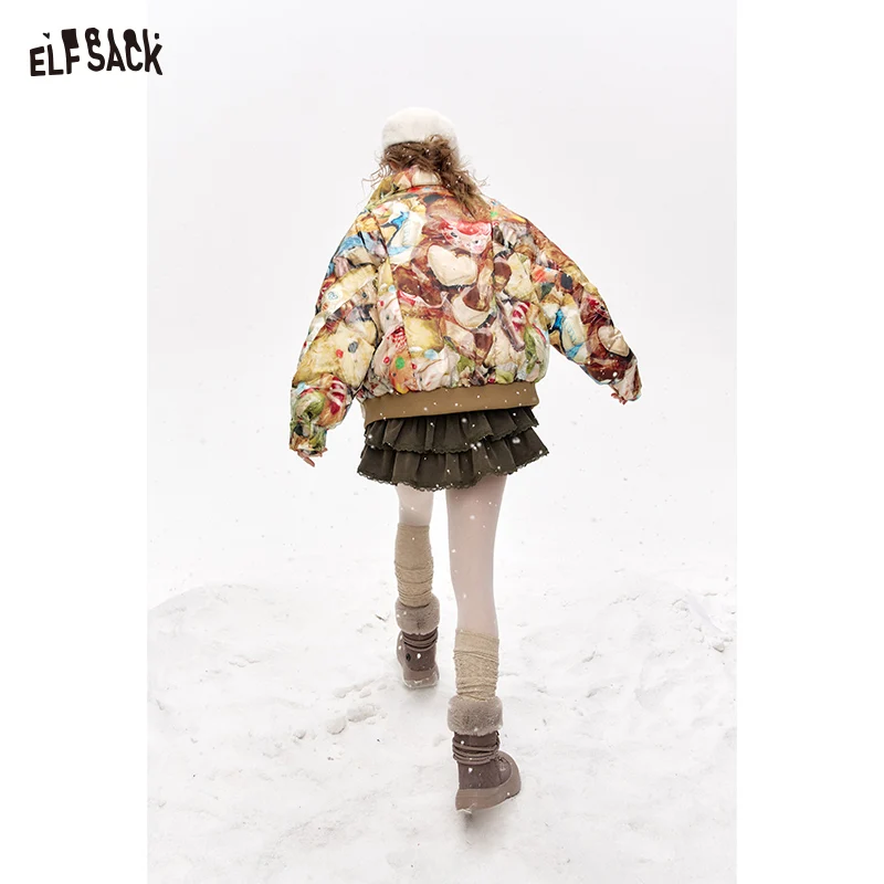 ELFSACK 2024 Winter New Arrivals Stand collar all over print short down jacket for women