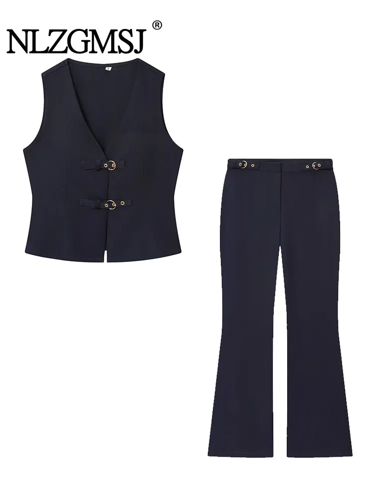 

NLGZMJS винтажный однотонный женский костюм без рукавов с v-образным вырезом, однобортный жилет, прямые брюки, новая мода, осенние комплекты 2023 г.