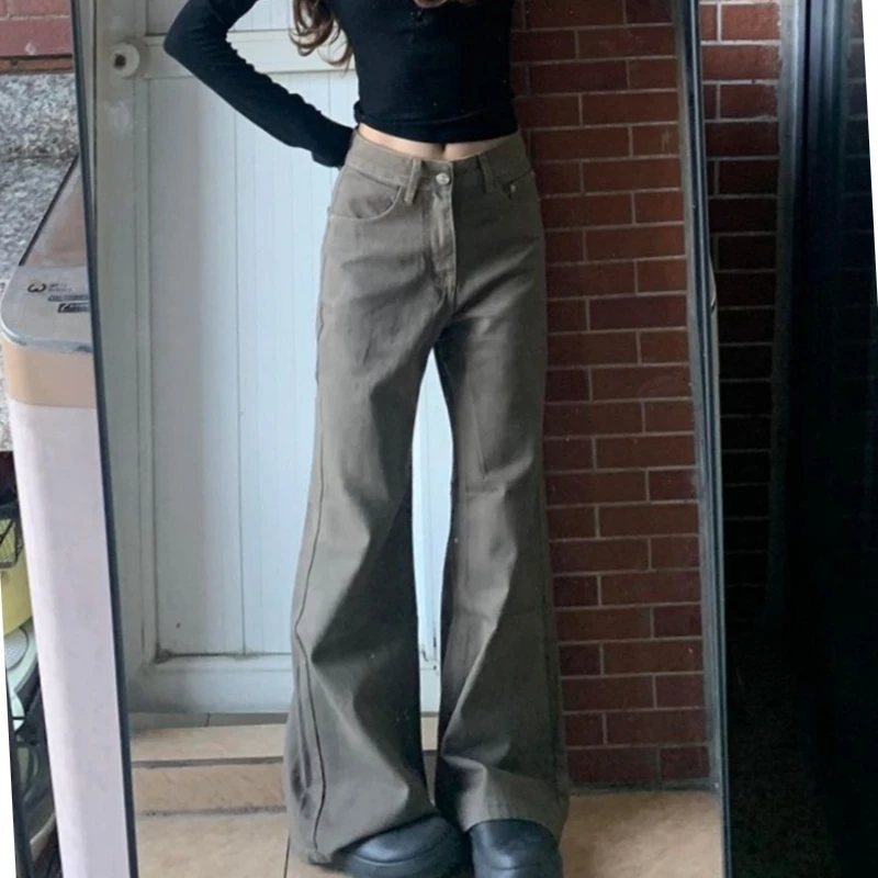 Pantalones vaqueros lavados Retro marrones para mujer, pantalones vaqueros rectos, pantalones casuales de moda, pantalones rectos de calle alta, pantalones vaqueros esenciales Y2k