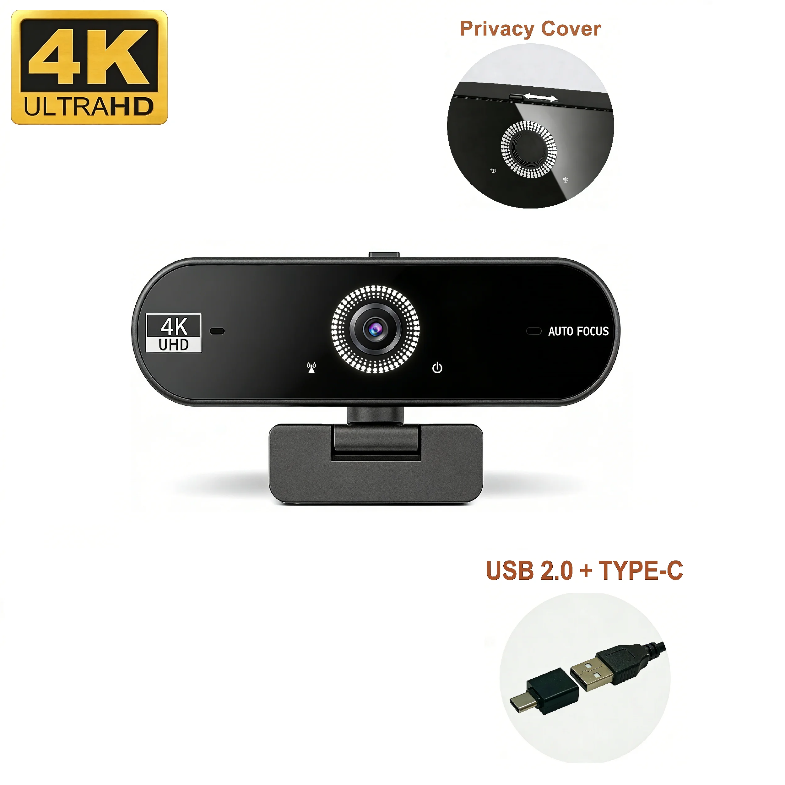 4K Webcam for PC USB 2.0 ＆ Type-C Adapter 30fps Autofocus We