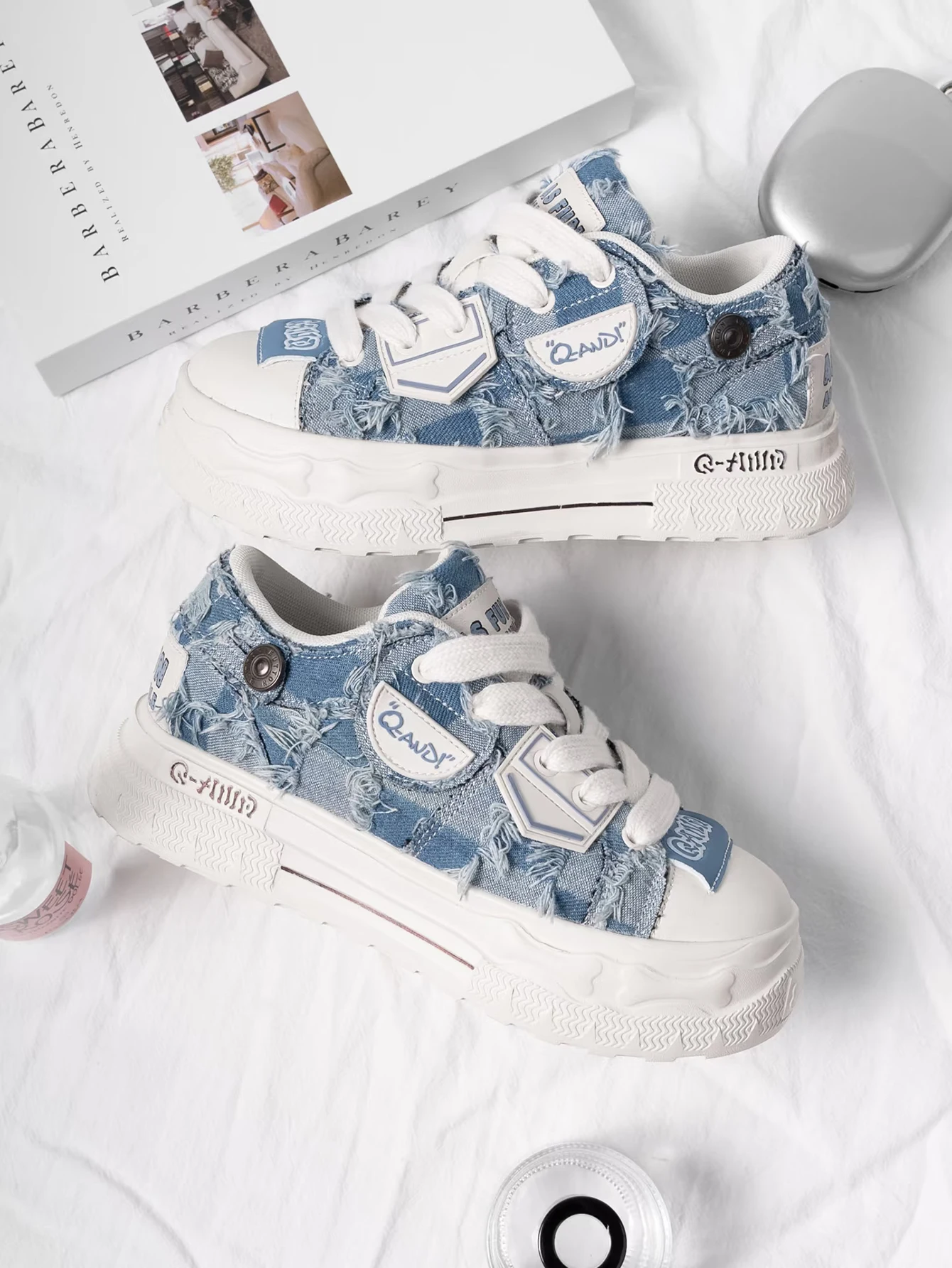 Q-AND 2026 new light washed denim fabric tassel design daily versatile board shoes casual thick sole elevated skateboard shoes