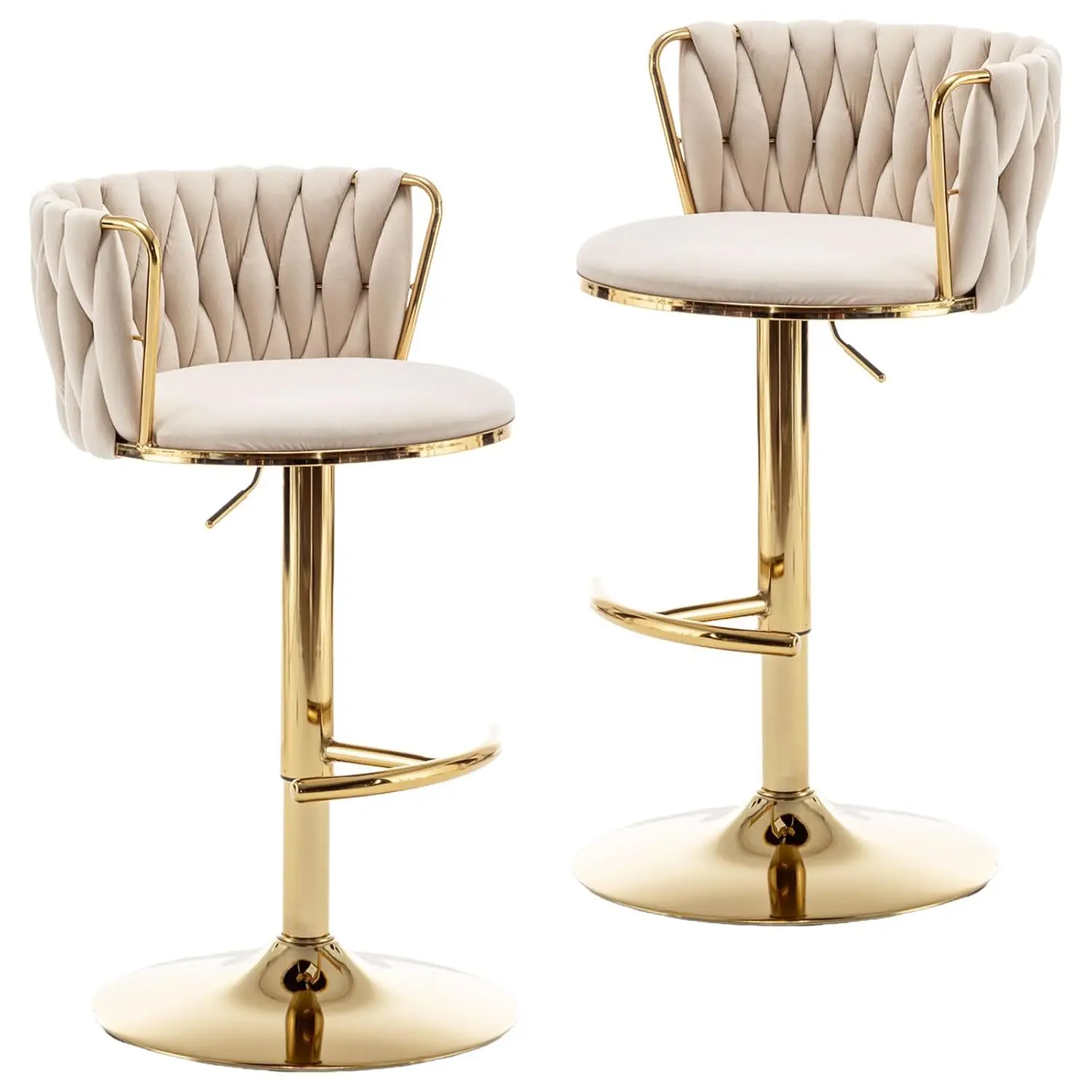 

Gold Velvet Bar Stools Set of 2, Swivel Counter Height Bar Stools with Back, Adjustable Woven Barstools for Kitchen Island, Pub,