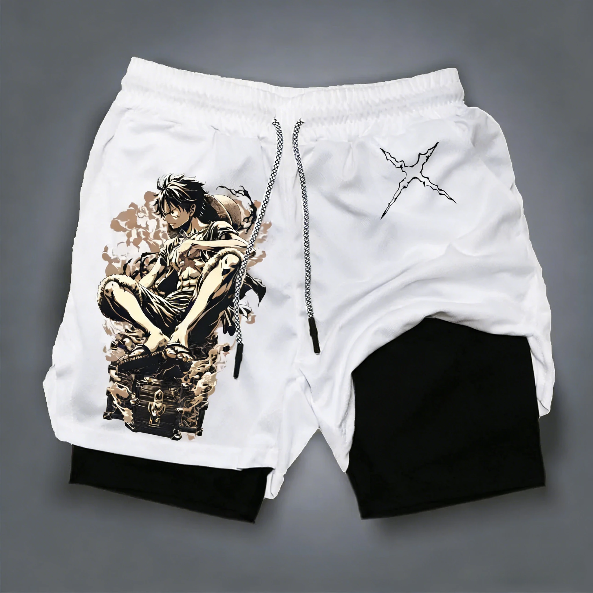 

One Piece Anime Luffy Printed Double Layer Shorts for Men's Sports and Fitness in Spring/Summer 2026