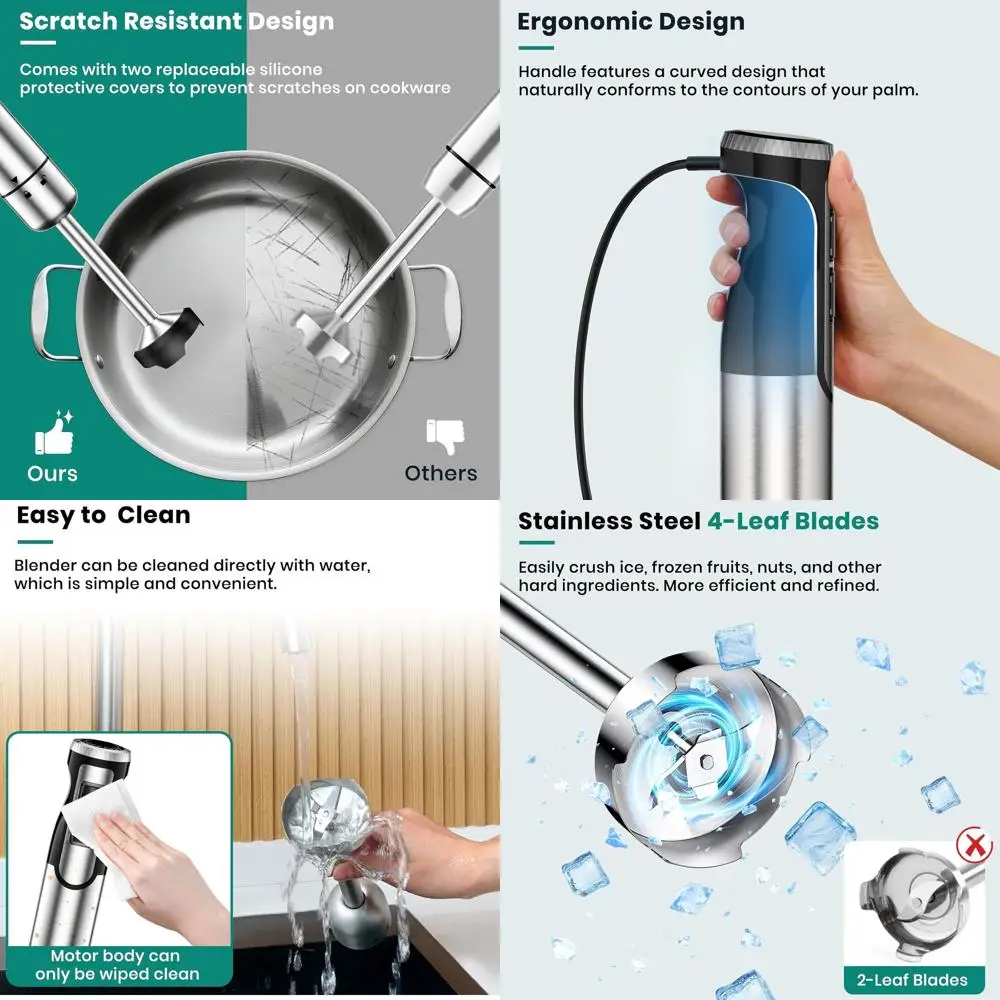 

4-in-1 1800W Hand Blender with 8 Speeds, Turbo Boost for Smoothies, Ice Crushing, Baby Food, and Soups