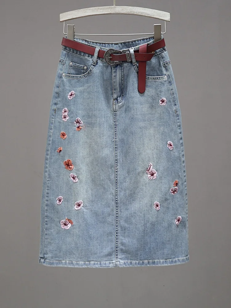 

Весна-лето, джинсовая юбка трапециевидной формы средней длины, женская вышитая европейская облегающая юбка длиной до пола, облегающая юбка с высокой талией