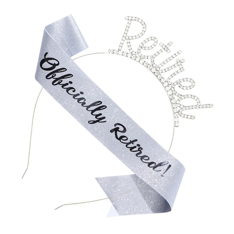 Retirement Tiaras and Sash Set Official Retired Belt Rhinestones Bling Headpiece for Elderly Adult Retired Celebration