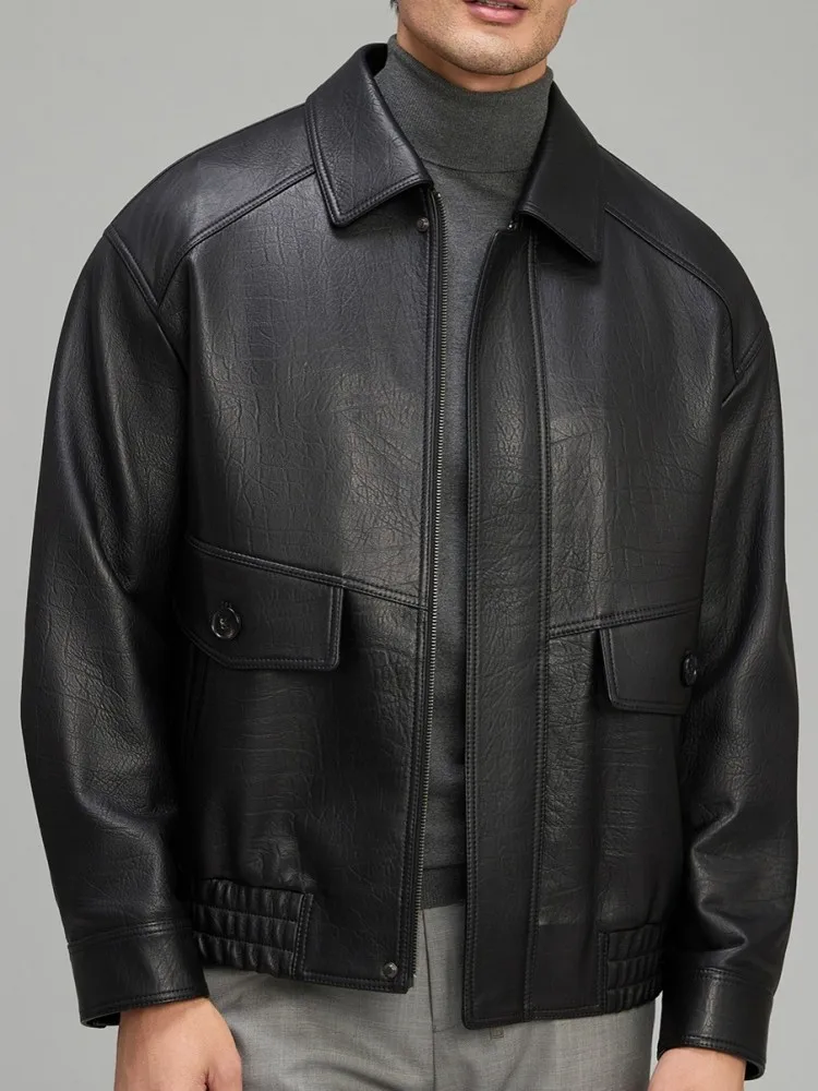 الأعمال عارضة نمط رفض طوق طويلة الأكمام سترة جلدية حقيقية بلون سستة فضفاضة الذكور ملابس خارجية من جلد الغنم #3