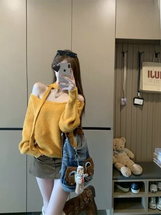 

Повседневный оранжевый трикотаж с открытыми плечами, женский свободный дрифт-пояс, нежный свитер, дизайн Sense Commute, свободный крой, длинный све