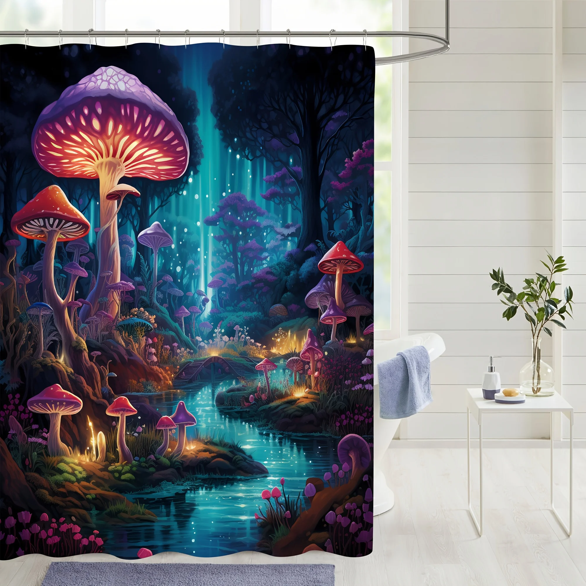 Mystical Moonlight Forest Shower Curtain and Mat Glowing Mushroom Bathroom Decorative Floor Mat, U Shape Mat, Toilet Seat Mat